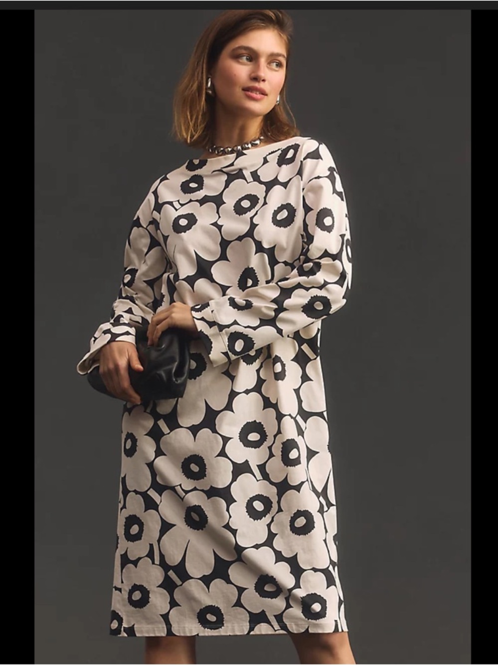 Marimekko Piata Unikko Midi Dress Black Ivory‎ Floral Womens XS